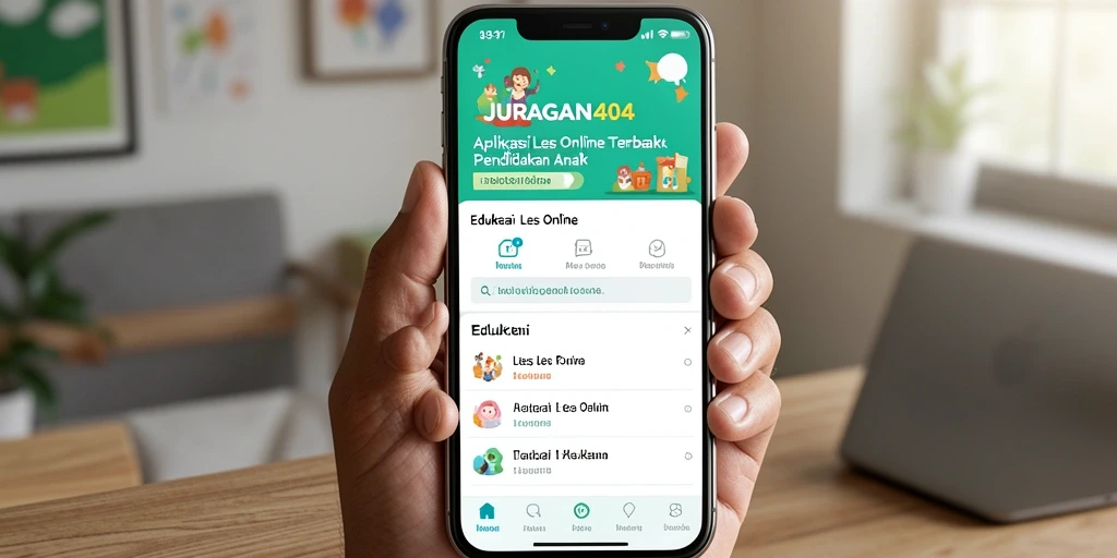 Tampilan antarmuka aplikasi JURAGAN404 dengan fitur Les Online interaktif.